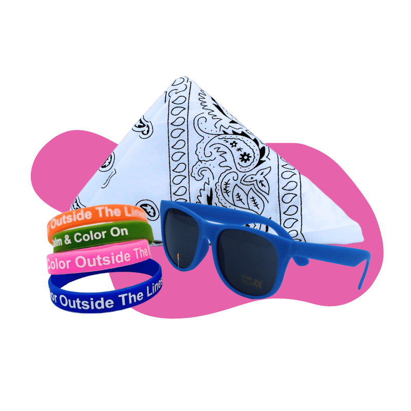 Color run accessories including bandanas, sunglasses, and wristbands